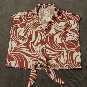 NWT Rachel Zoe Brown and Cream Leaf Print Button Down Shirt